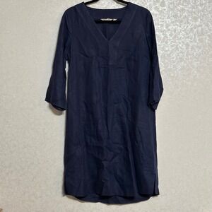Soft Surroundings Solid Navy‎ Blue 100% Linen Dress V-Neck 3/4 Sleeve Pockets S